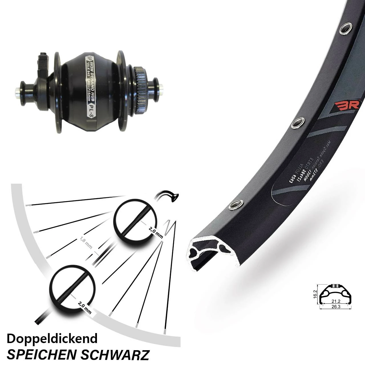 26 Zoll Rodi Blackrock Nabendynamo MTB Vorderrad Shutter Precision PL-8