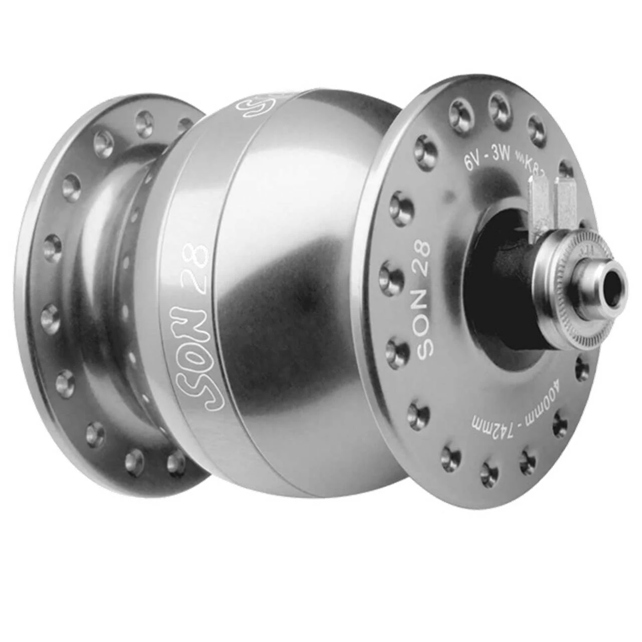 Son 28 Nabendynamo Felgenbremse Hohlachse Silbern Eloxiert