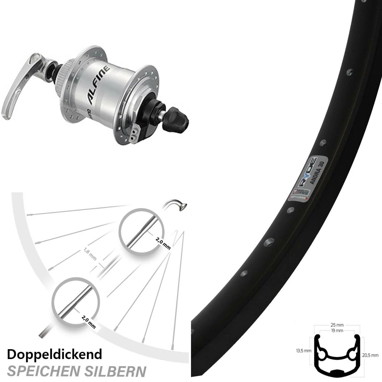 Nabendynamo Vorderrad Shimano DH-S701 Ryde Andra 30 DB 28 Zoll Für Scheibenbremse