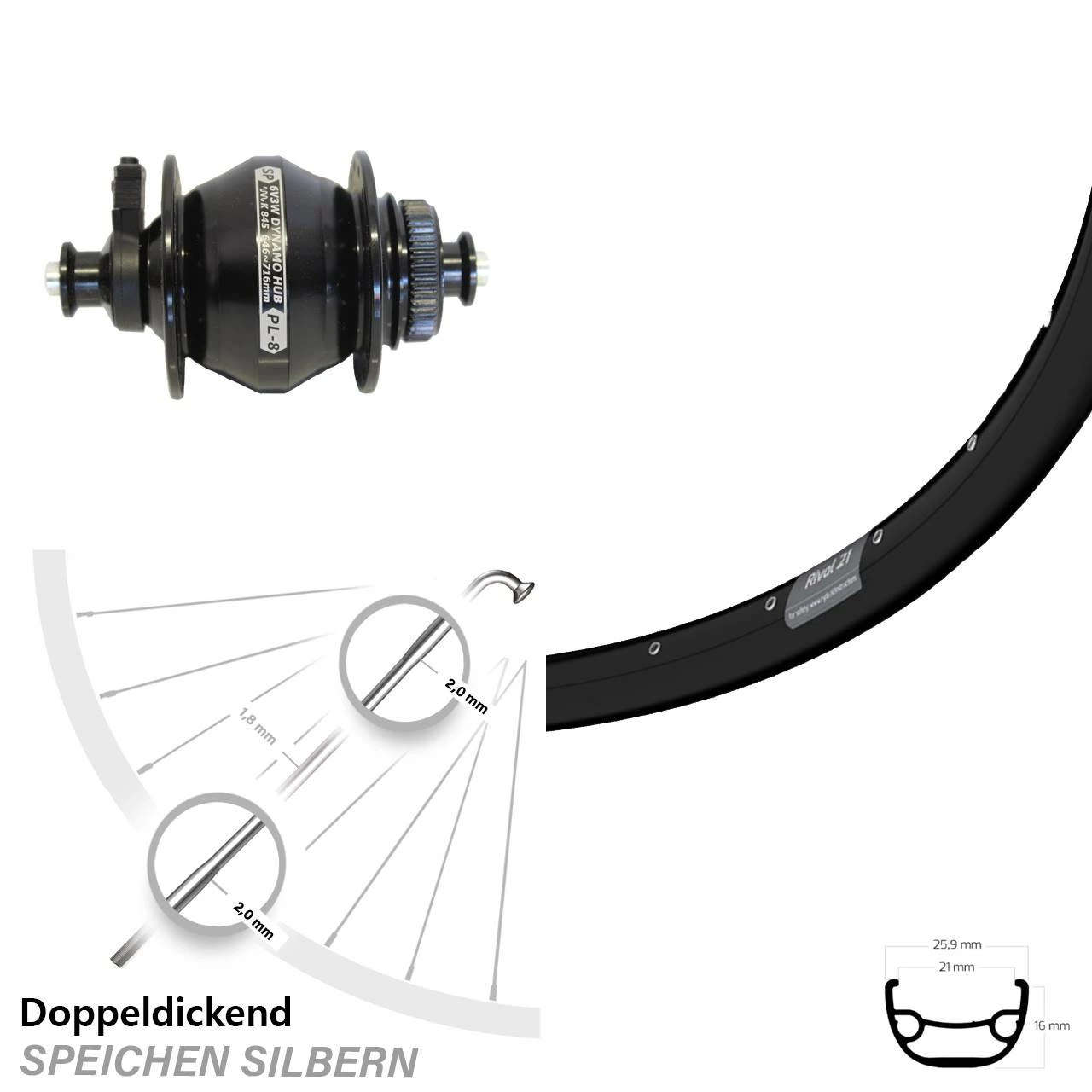 Shutter PL8 Nabendynamo Ryde Rival 21 Scheibenbrems- Fahrrad-Laufrad 28 Zoll