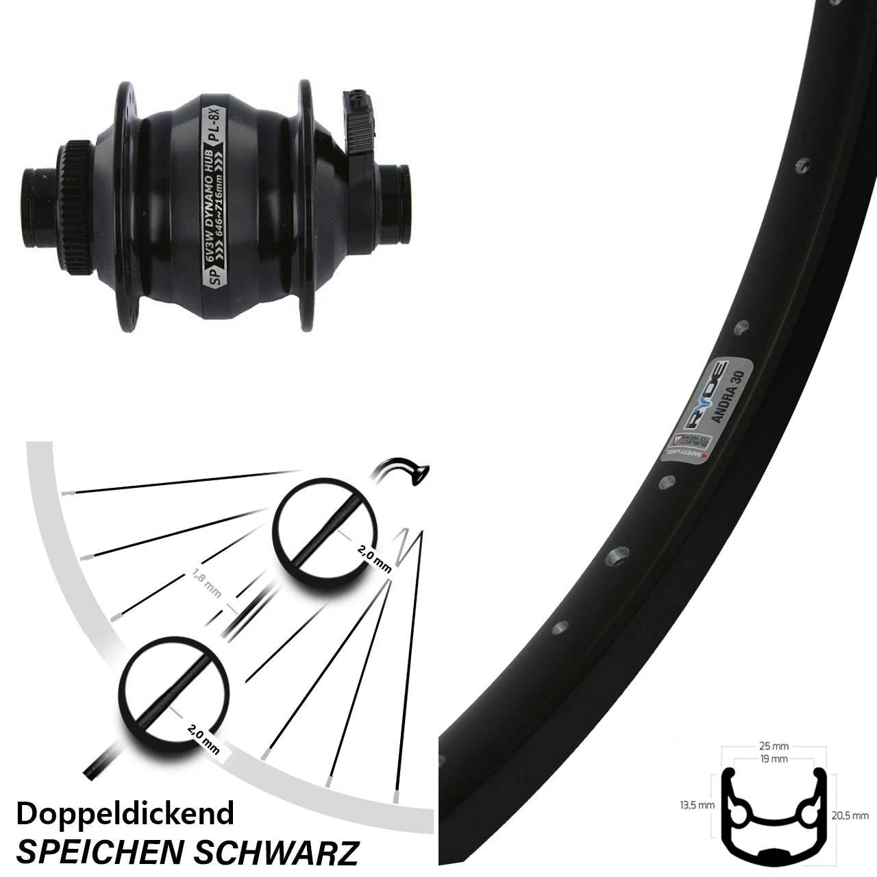 Fahrrad Vorderrad 26 Zoll Ryde Andra 30 DB Schwarz Shutter PL8X Nabendynamo Centerlock