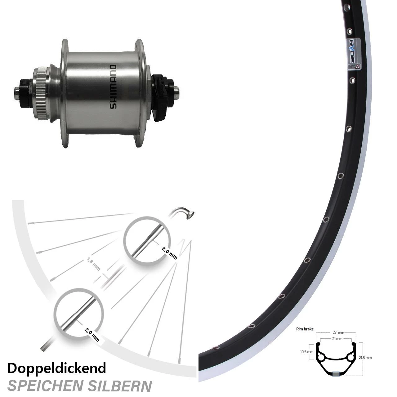 Vorderrad Fahrrad 28 Zoll Ryde ZAC 421 Shimano DH-UR700 Centerlock Nabendynamo