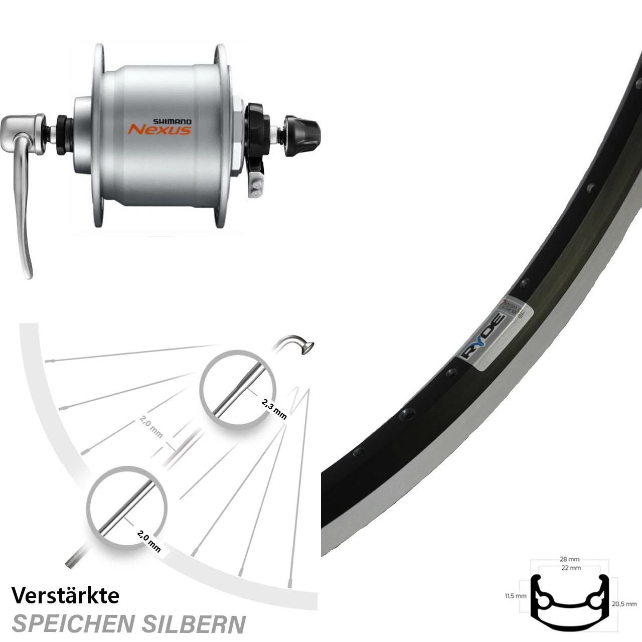 27,5 Zoll Vorderrad Ryde Andra 35 Nabendynamo Shimano Nexus DH-C3000-3N-QR