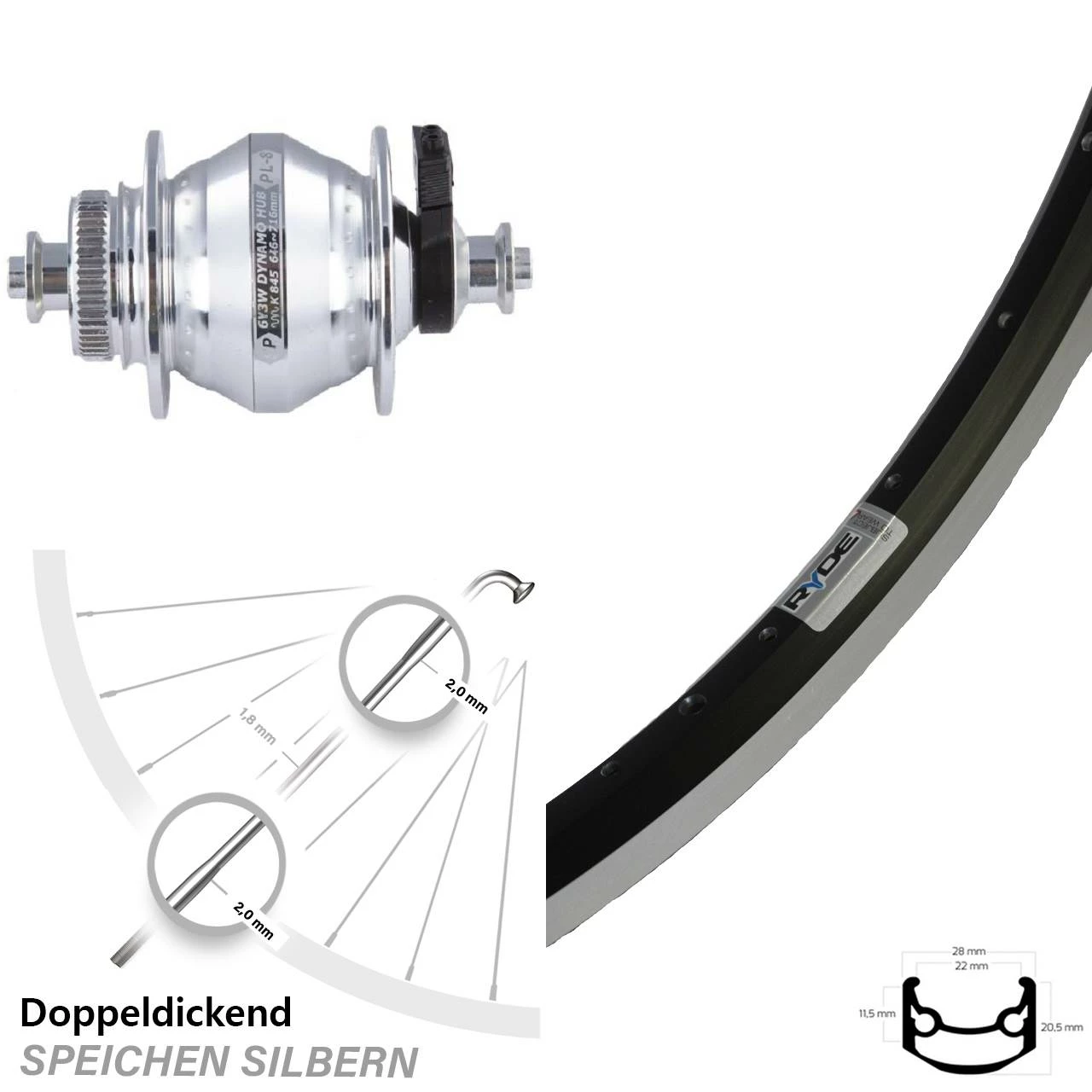 26 Zoll Vorderrad Ryde Andra 35 Shutter Precision Nabendynamo Centerlock PL-8 Silbern
