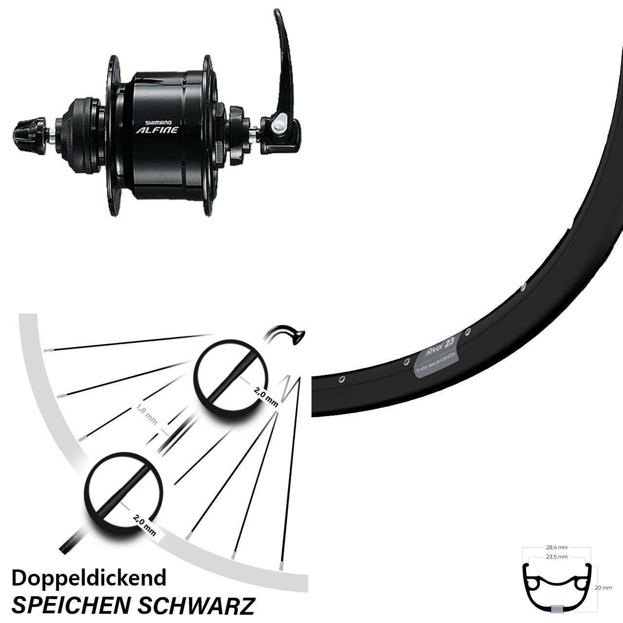 Vorderrad 28/29 Zoll Ryde Rival 23 Shimano Alfine Nabendynamo Scheibenbremse