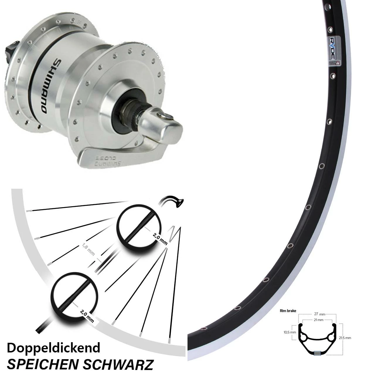 Shimano DH3N72 Ryde ZAC 421 Dynamo Vorderrad 27,5 Zoll