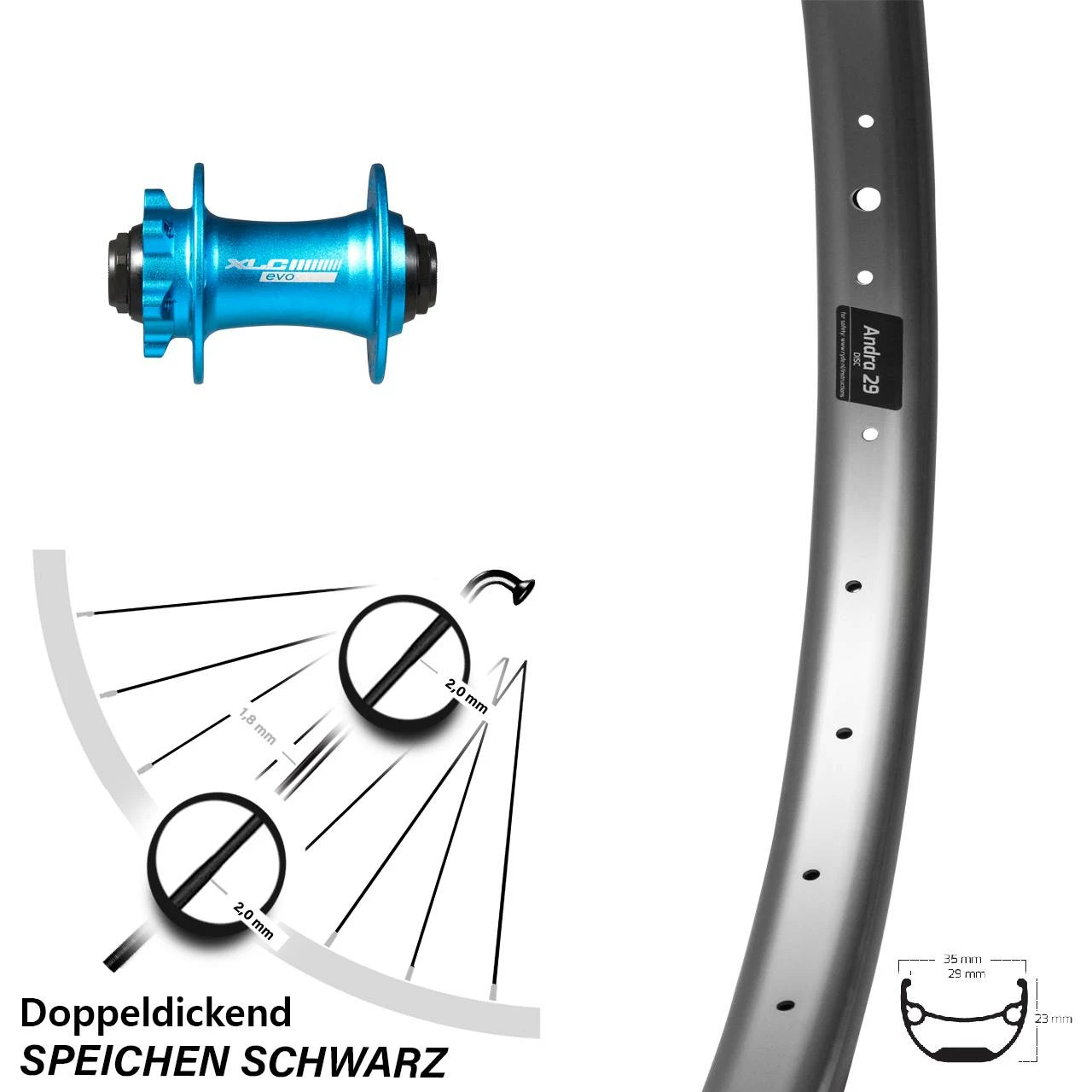Vorderrad 29 Zoll Ryde Andra 29 Silber Mit Nabe XLC Evo Grün Steckachse