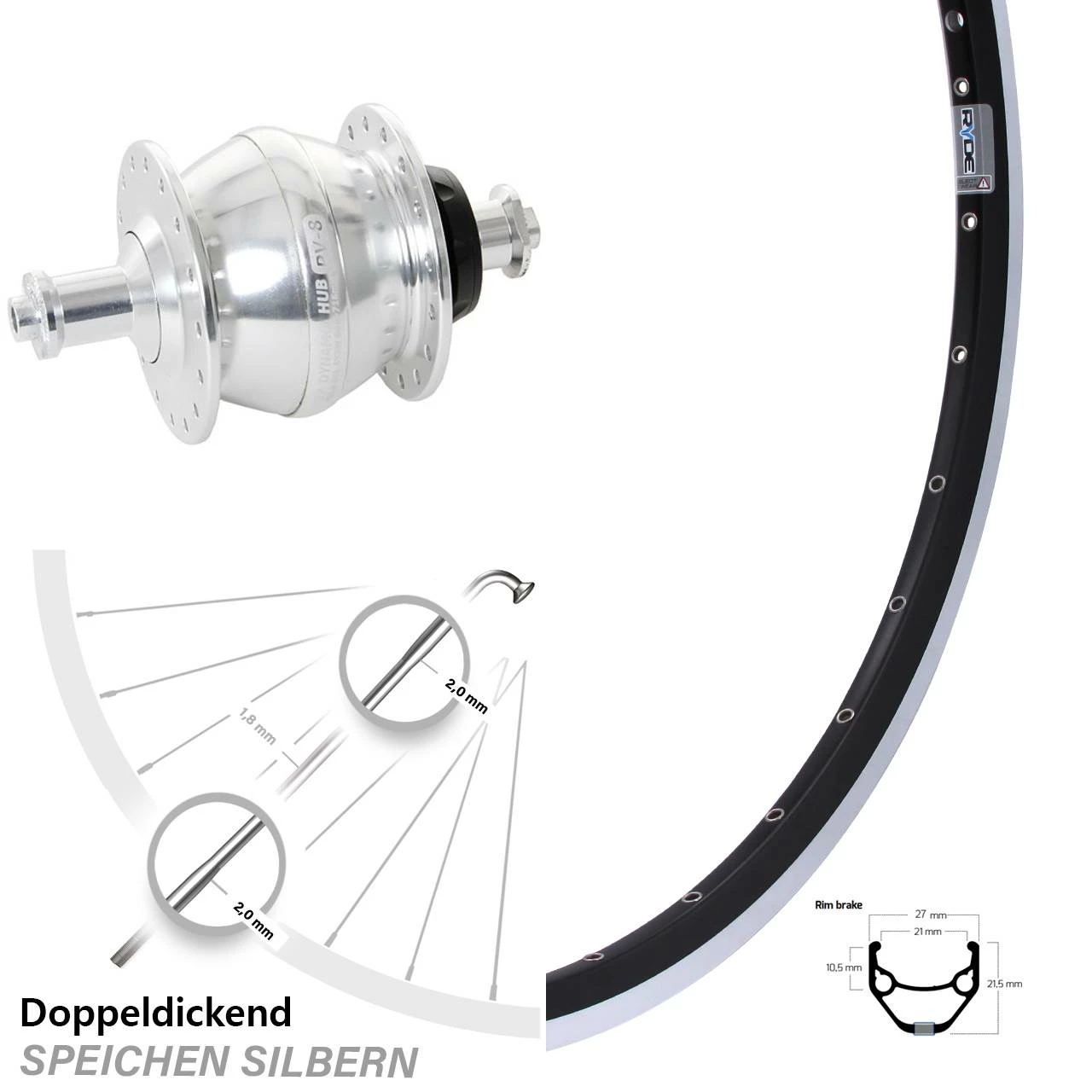 26 Zoll Nabendynamo Vorderrad Ryde ZAC 421 Shutter Precision PV-8