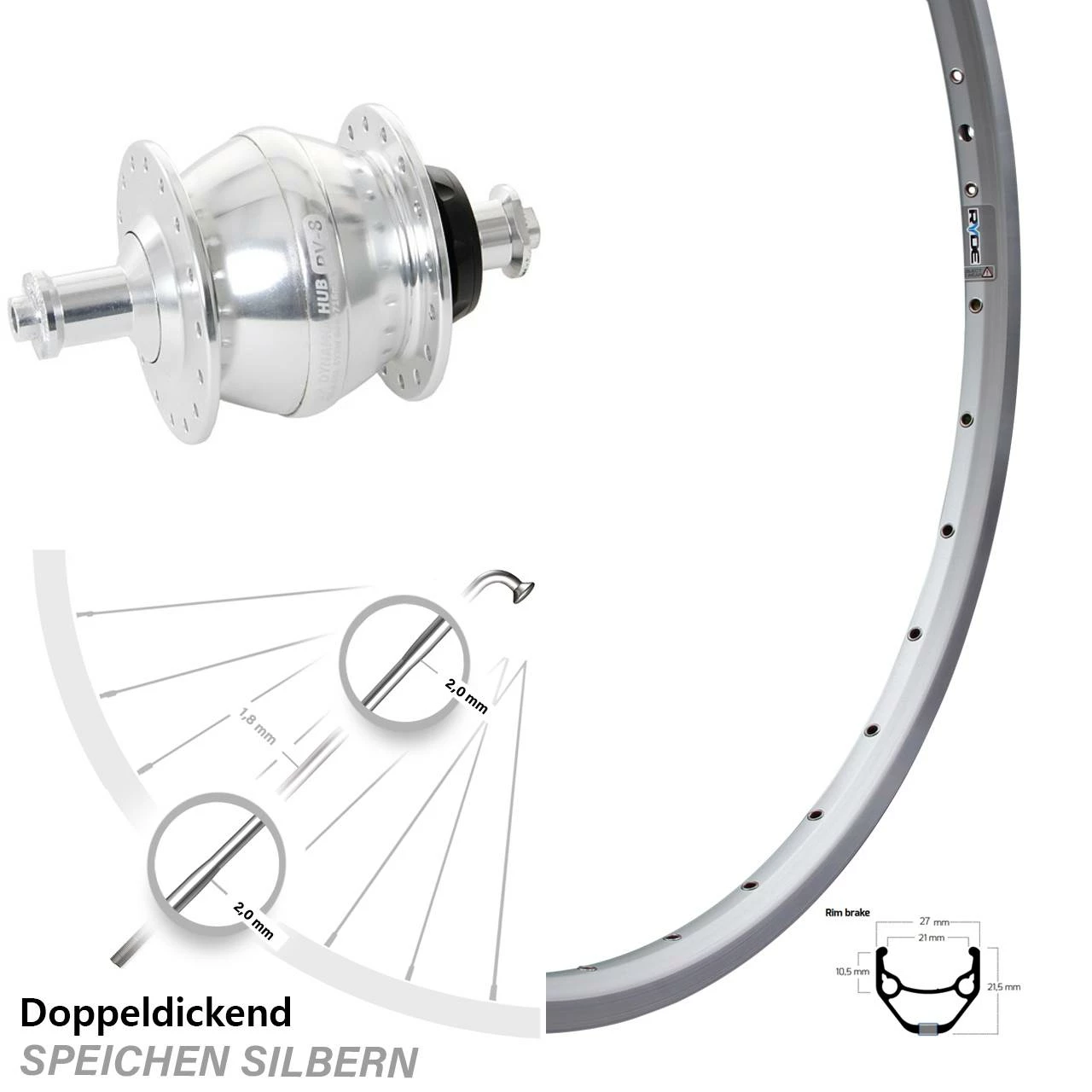 27,5 Zoll Vorderes Rad Mit Nabendynamo Ryde ZAC 421 Shutter Precision PV-8 Silbern