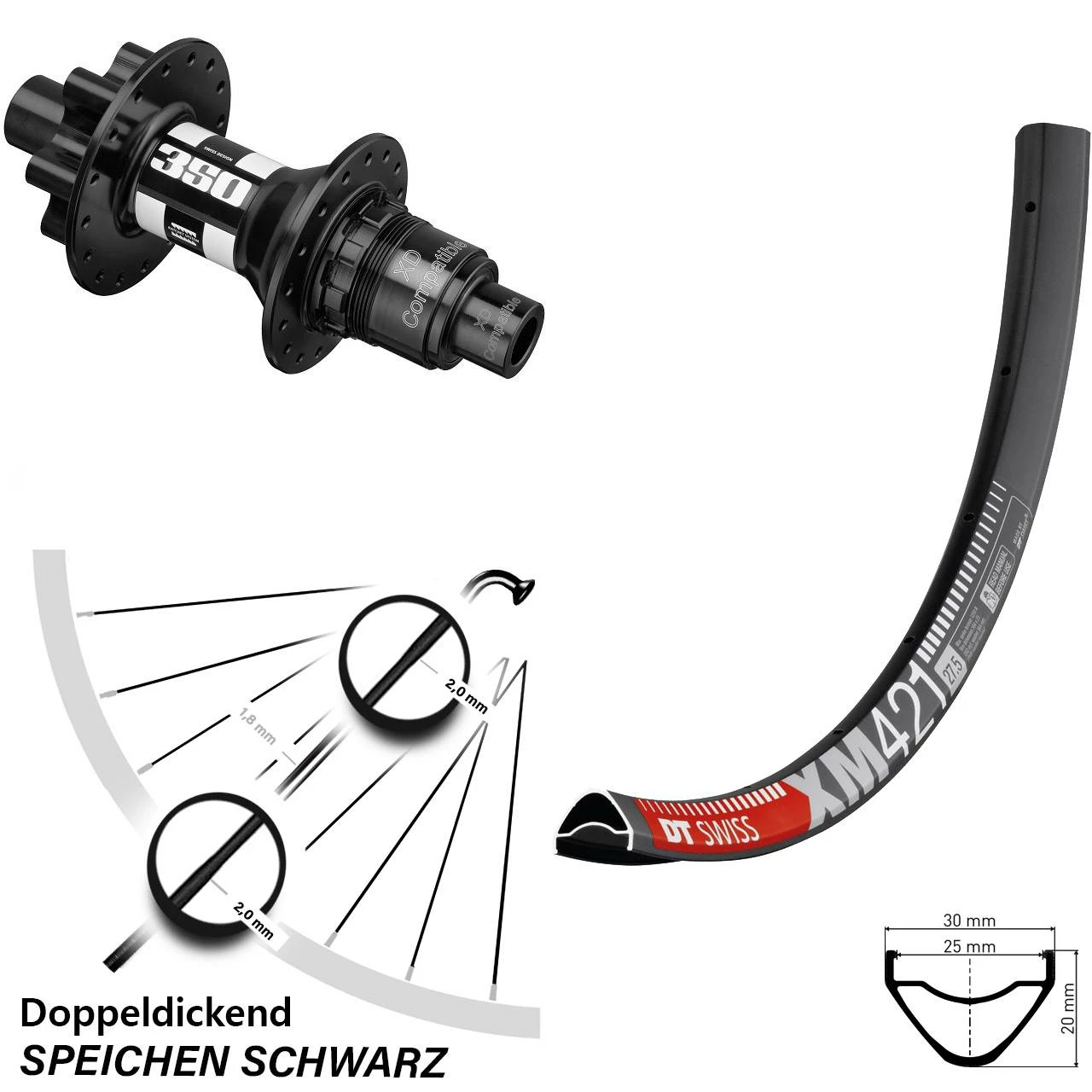 Dt-swiss 29 Zoll Hinterrad DT Swiss 350 Hinterradnabe Sram XD 12 Mm Steckachse XM 421