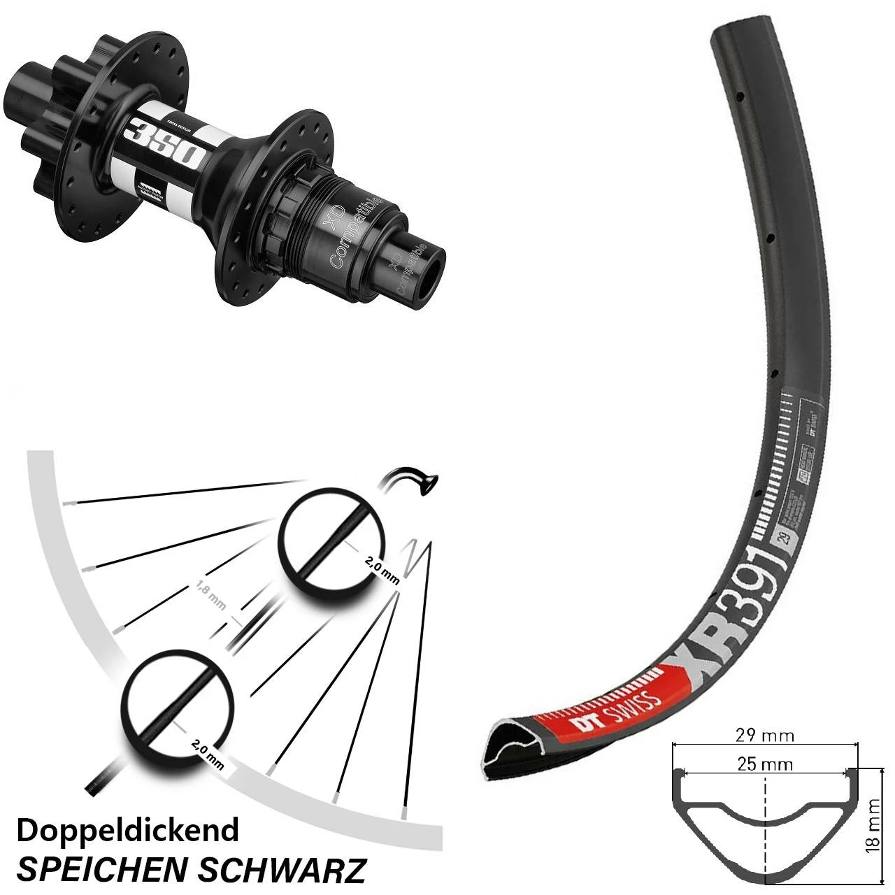 Dt-swiss DT Swiss 350 Hinterradnabe Sram XD 12 Mm Steckachse XR 391 Hinterrad 29 Zoll Für 6-Loch