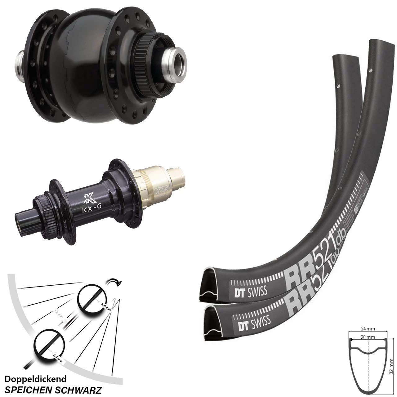 Dt-swiss Laufradsatz Road Disc Dynamo 28 Zoll DT Swiss RR 521 Nabe KX-G Sram XD-R 12-fach Son 28