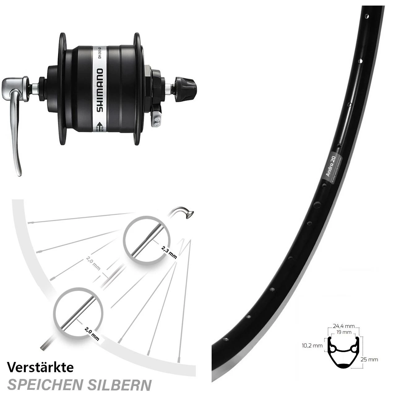 28 Zoll Vorderes Rad Mit Nabendynamo Ryde Andra 20 Shimano DH-3N31-QR Schwarz