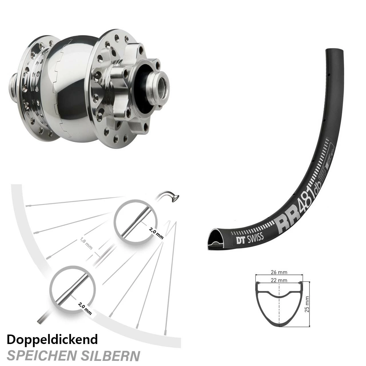 Dt-swiss 28 Zoll Vorderrad Mit Nabendynamo DT Swiss RR 481 DB SON 28-12 Disc 6-Loch Silbern Poliert