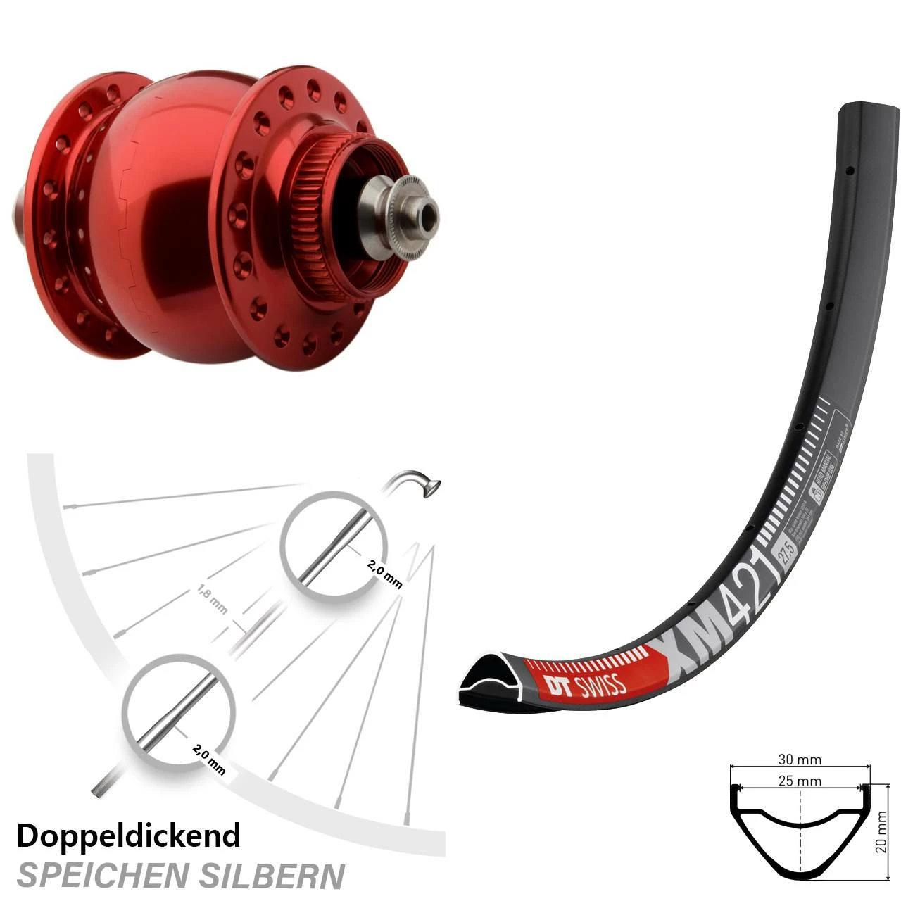 Dt-swiss 29 Zoll Vorderrad DT Swiss XM 421 DB Disc SON Delux Rot Eloxiert Centerlock