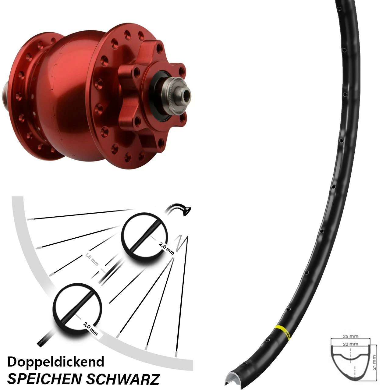 Mavic A 1022 Vorderrad SON 28 Disc 6-Loch Hohlachse Rot Eloxiert