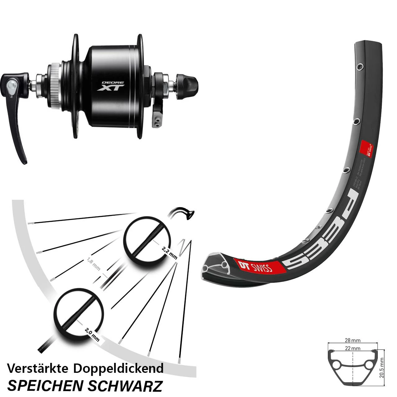 Dt-swiss 28-29 Zoll Vorderes Rad Mit Nabendynamo DT Swiss 533 Shimano Deore XT DH-T8000 Centerlock