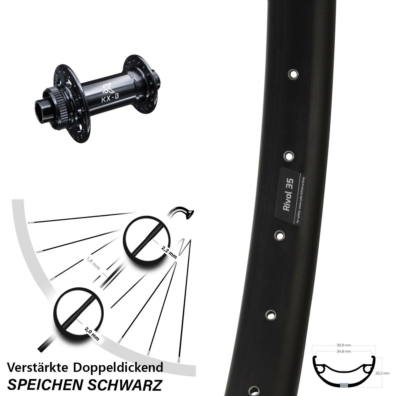 Verstärktes 27,5 Zoll Vorderrad Ryde Rival 35 Disc E-MTB KX-Boost 15x110 Nabe