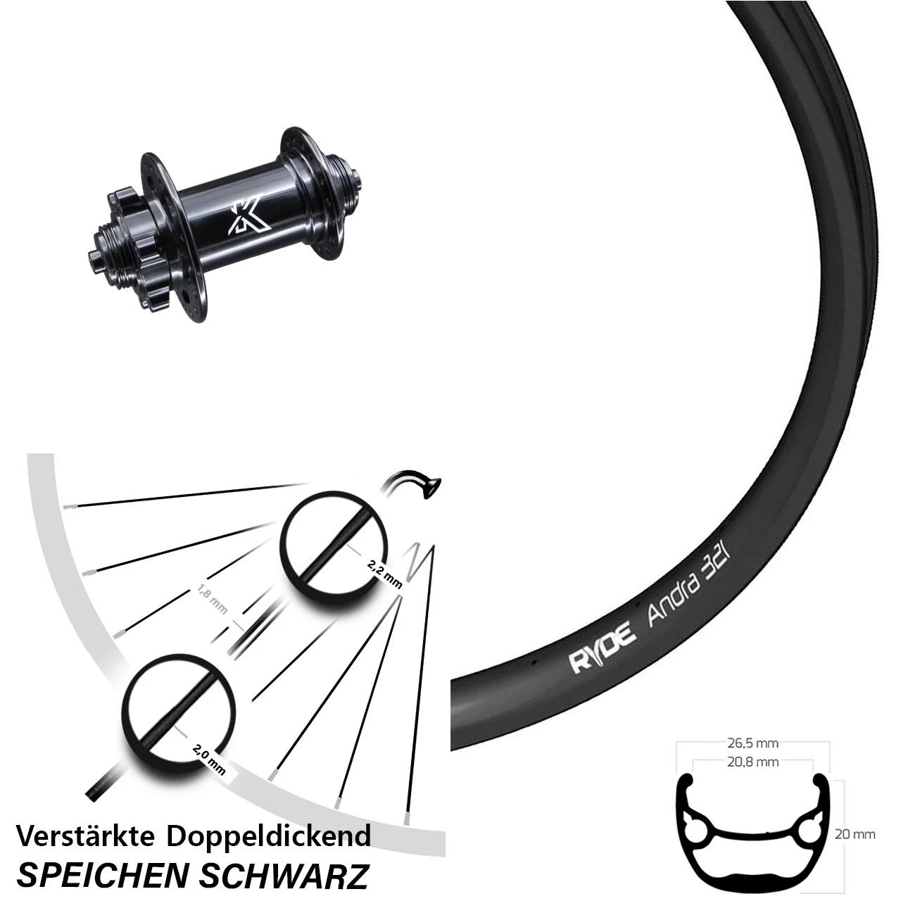 Ryde Andra 321 Vorderrad 27,5 Zoll Mit KX-M Nabe 5x100 Mm