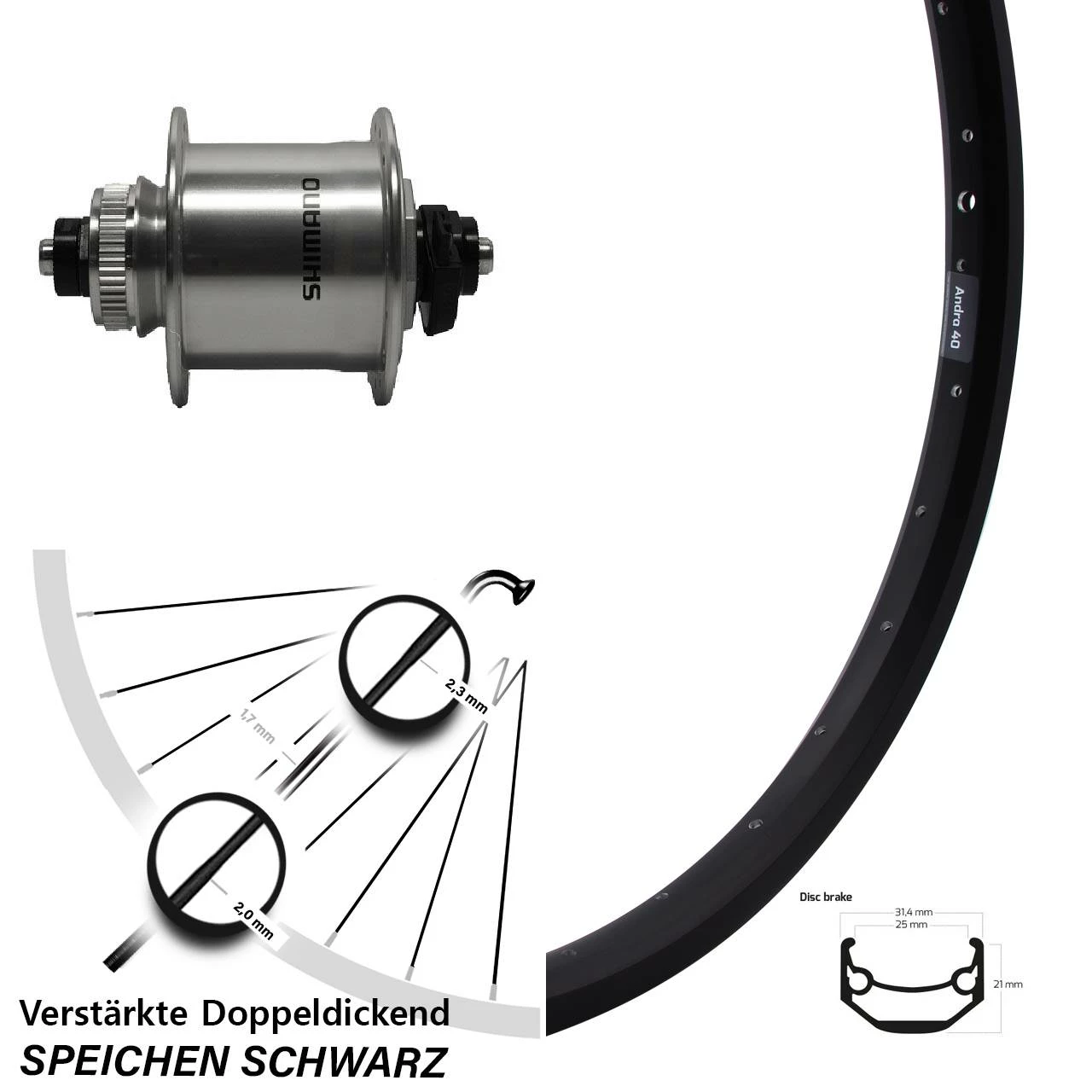 Vorderrad 26 Zoll Ryde Andra 40 Disc Schwarz Shimano DH-UR700 Silbern