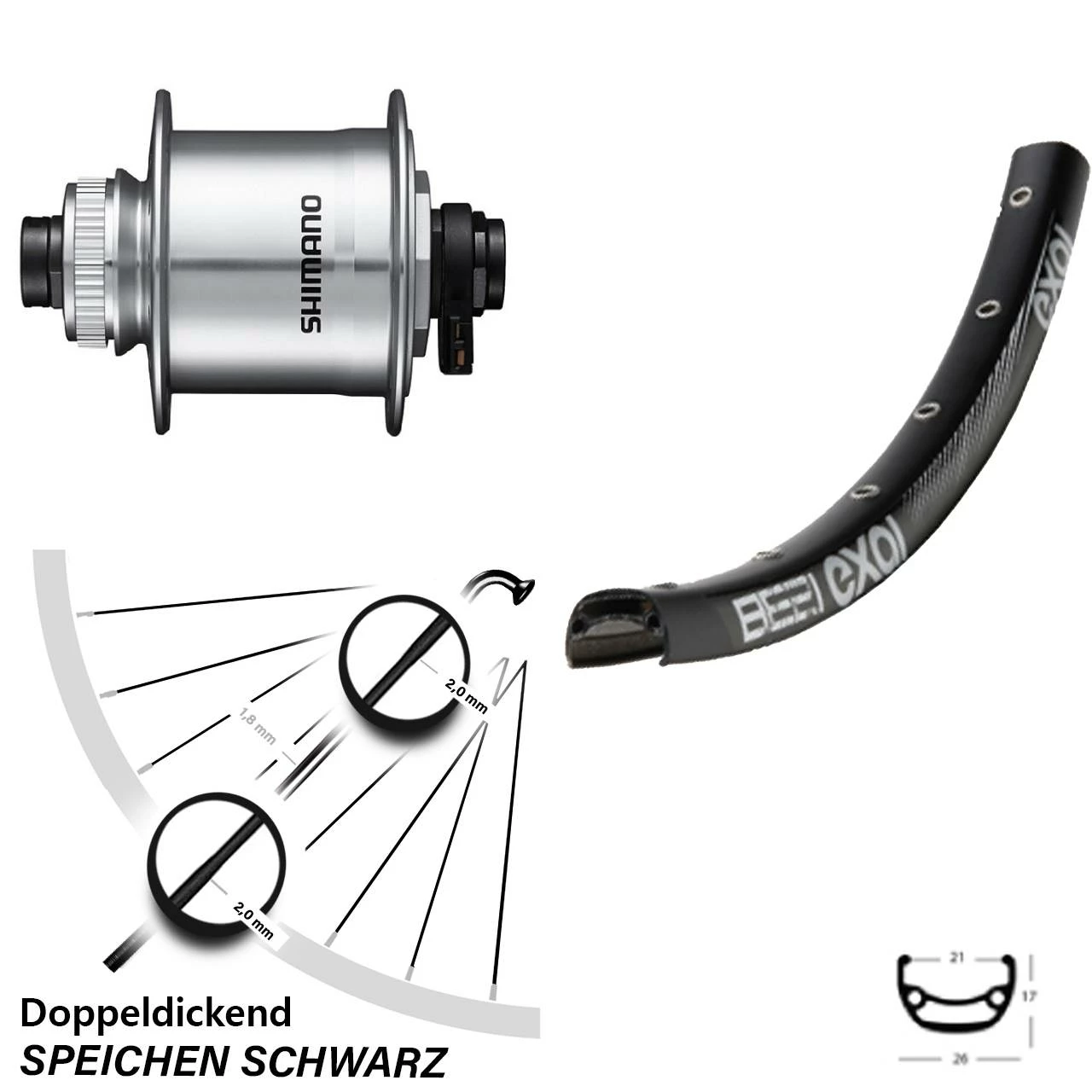 Shimano DH-UR708 Dynamo Silbern Steckachse Exal BE 21 Vorderrad 26 Zoll