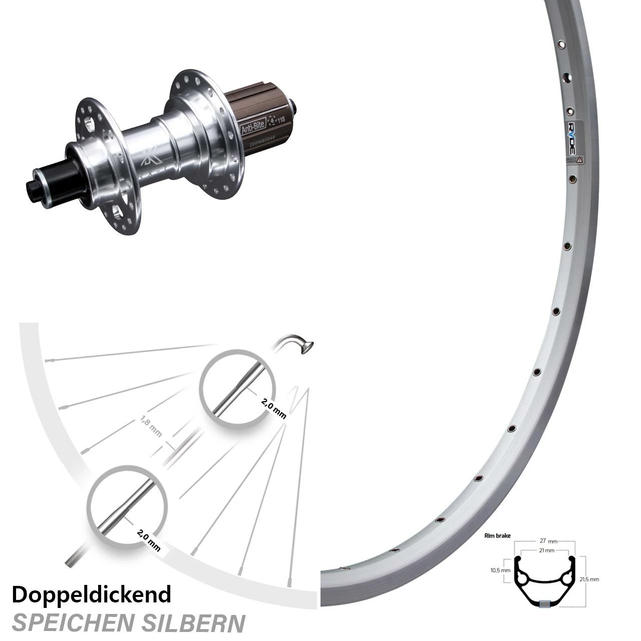 27,5 Zoll Hinterrad KX-T Nabe 135 Mm Silbern Eloxiert Ryde ZAC 421