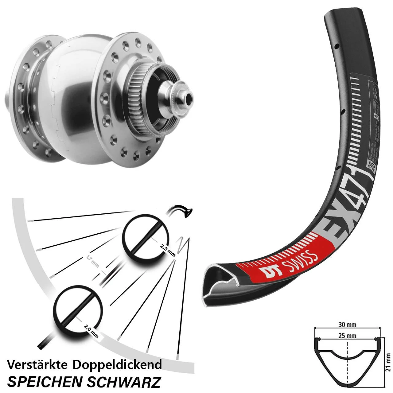 Dt-swiss Nabendynamo DT Swiss EX 471 Vorderrad 26 Zoll SON 28 Centerlock Silbern Eloxiert