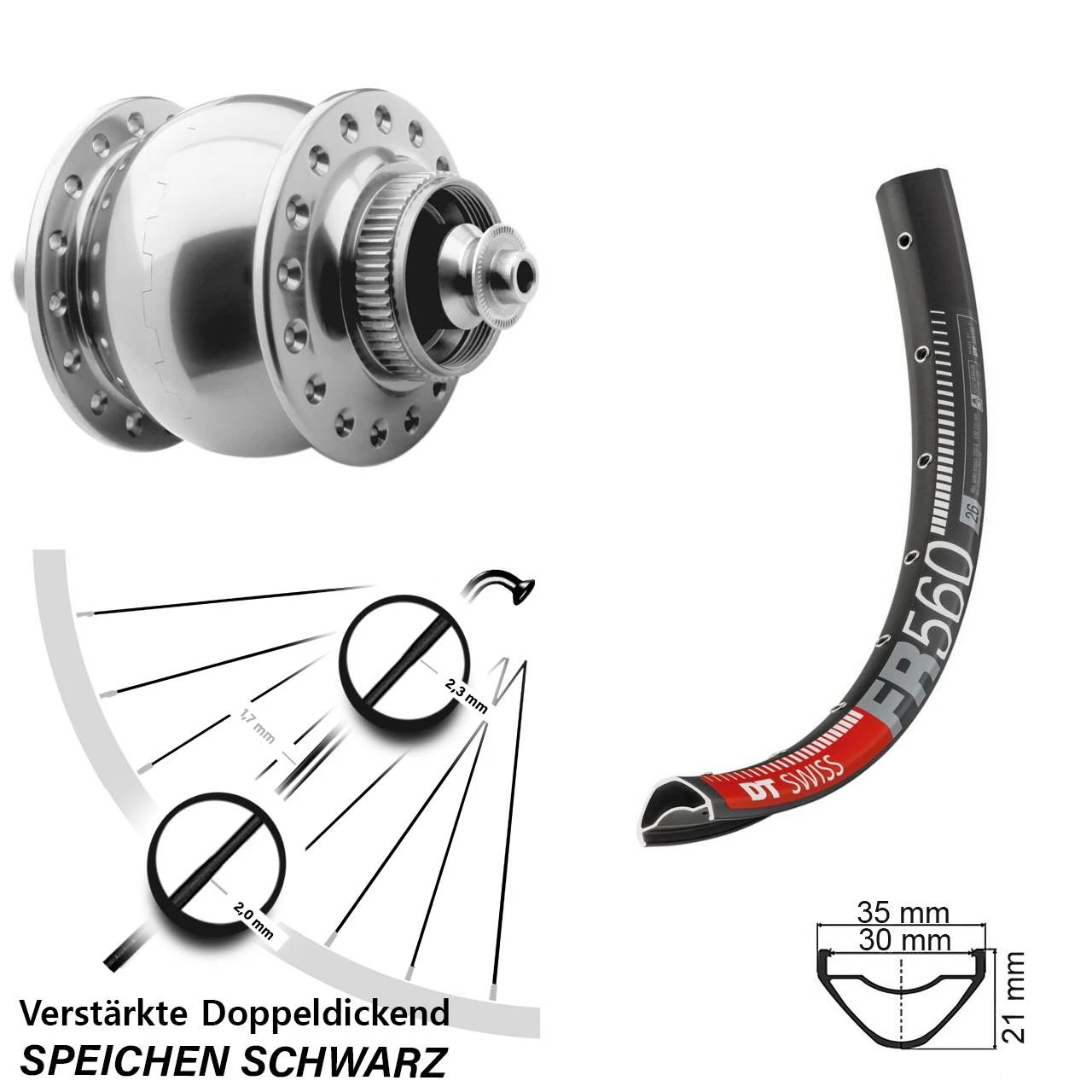 Dt-swiss Nabendynamo Vorderrad SON 28 Silbern Eloxiert DT Swiss FR 560 26 Zoll Centerlock