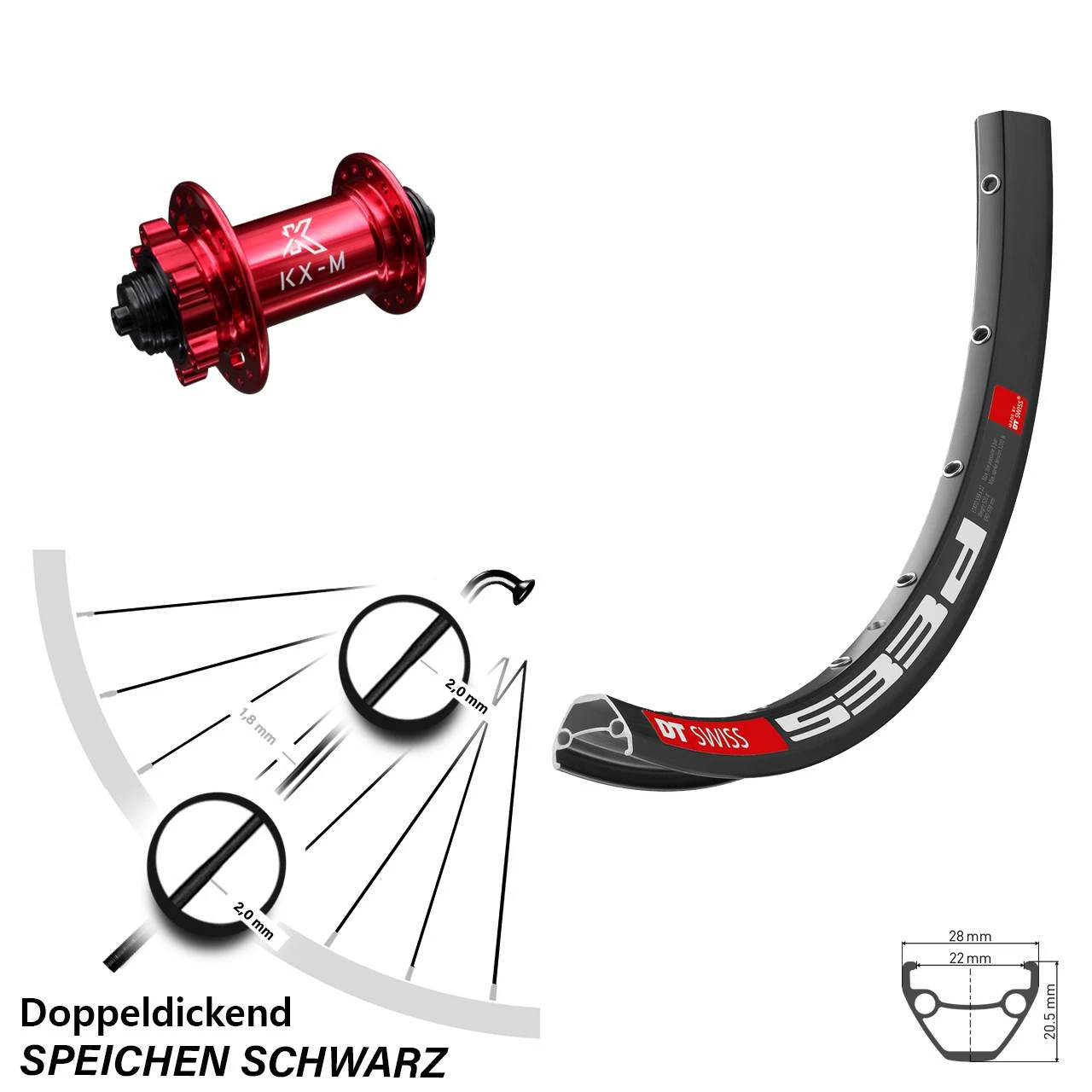 Dt-swiss 27,5 Zoll Vorderrad DT Swiss 533 D Mit KX-M Nabe Rot-eloxiert 6-loch Schnellspanner