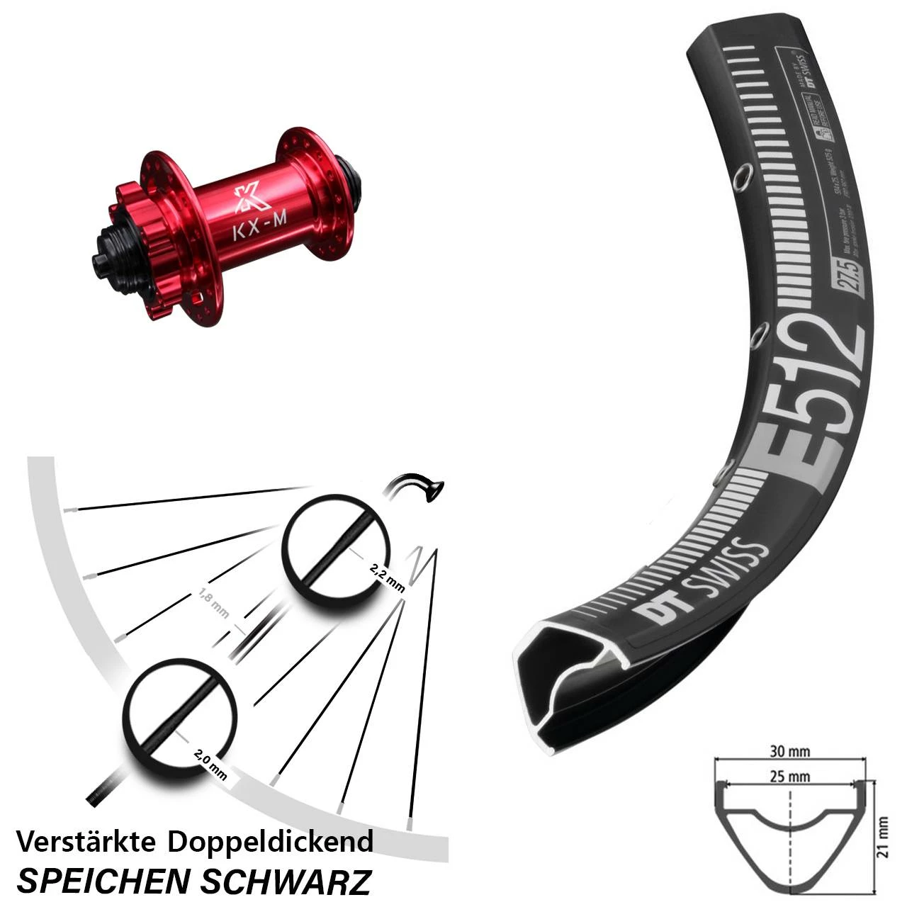 Dt-swiss KX-M Nabe Rot-eloxiert 5x100 Mm DT Swiss E 512 Vorderrad 27,5 Zoll Für 6-Loch