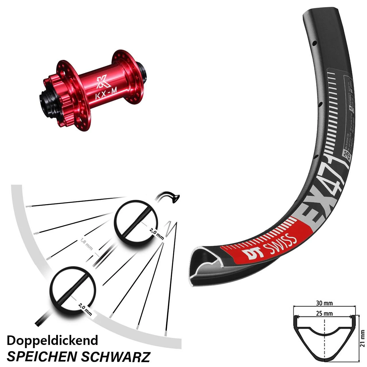 Dt-swiss 27,5 Zoll Vorderrad KX-M Nabe Rot-eloxiert 15x100 Mm DT Swiss EX 471 MTB Enduro