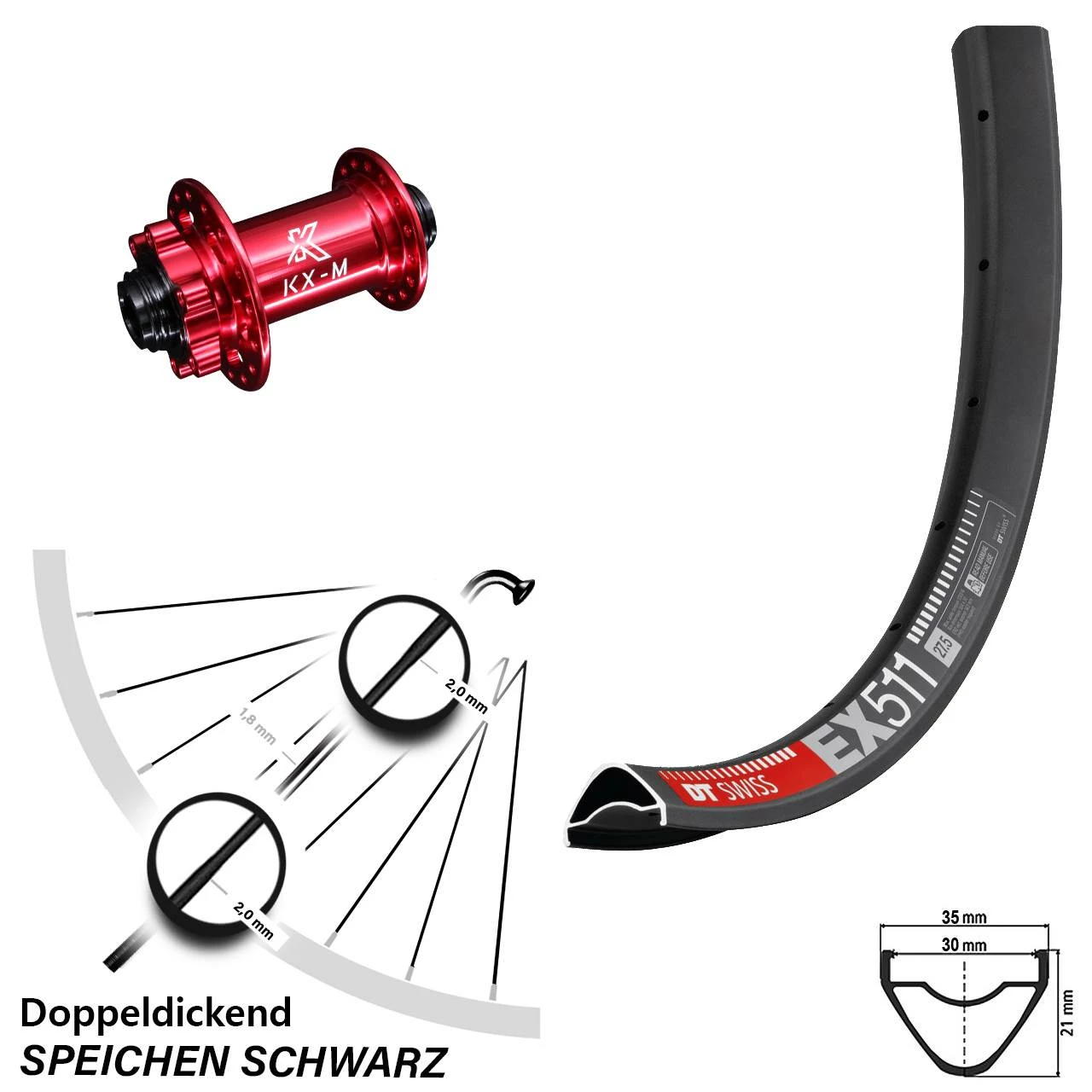 Dt-swiss 27,5 Zoll Vorderrad KX-M Nabe Rot-eloxiert 15x100 Mm DT Swiss EX 511 6-Loch