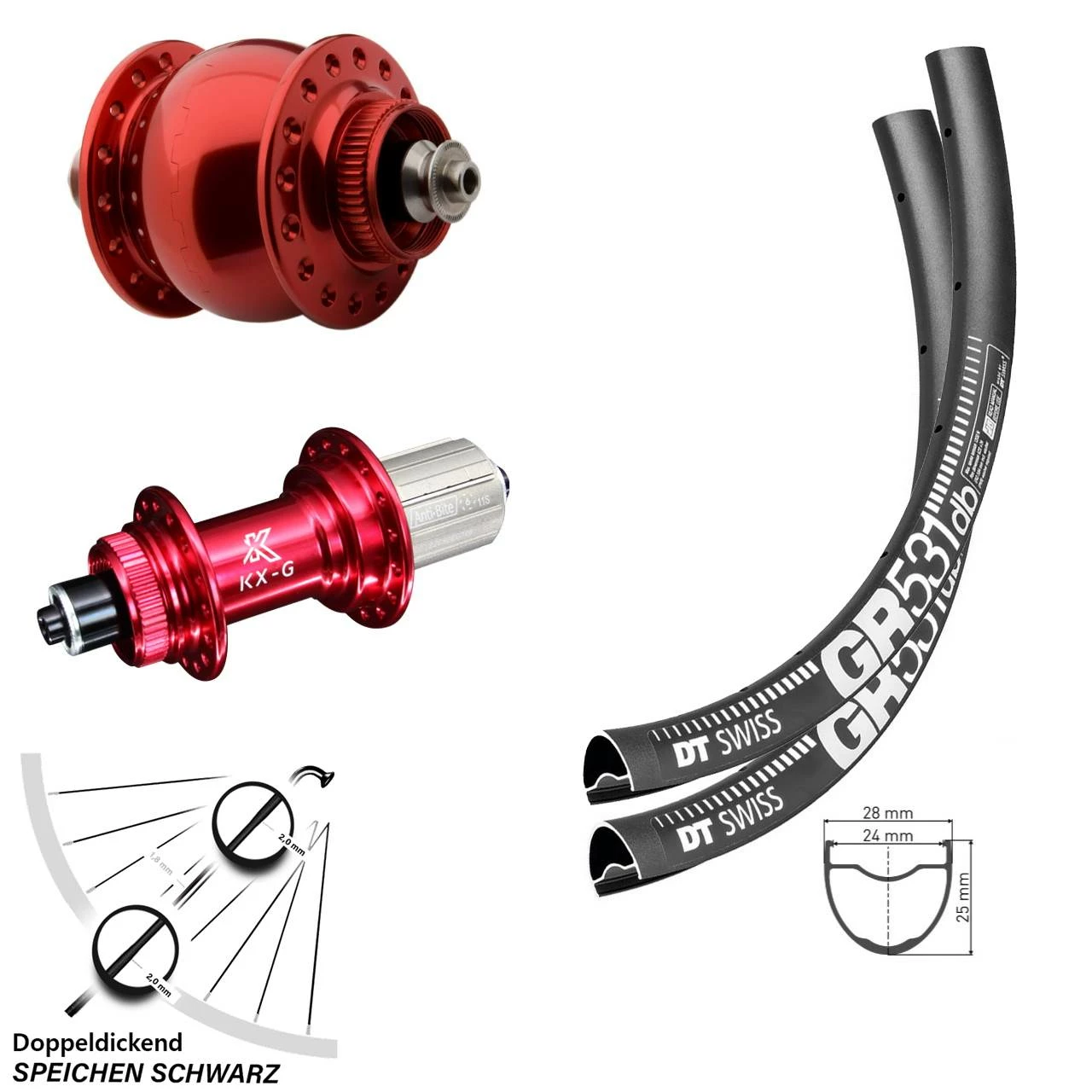 Dt-swiss 28-29 Zoll Laufradsatz Dynamo SON Delux Nabe KX-G Rot Eloxiert DT Swiss GR 531