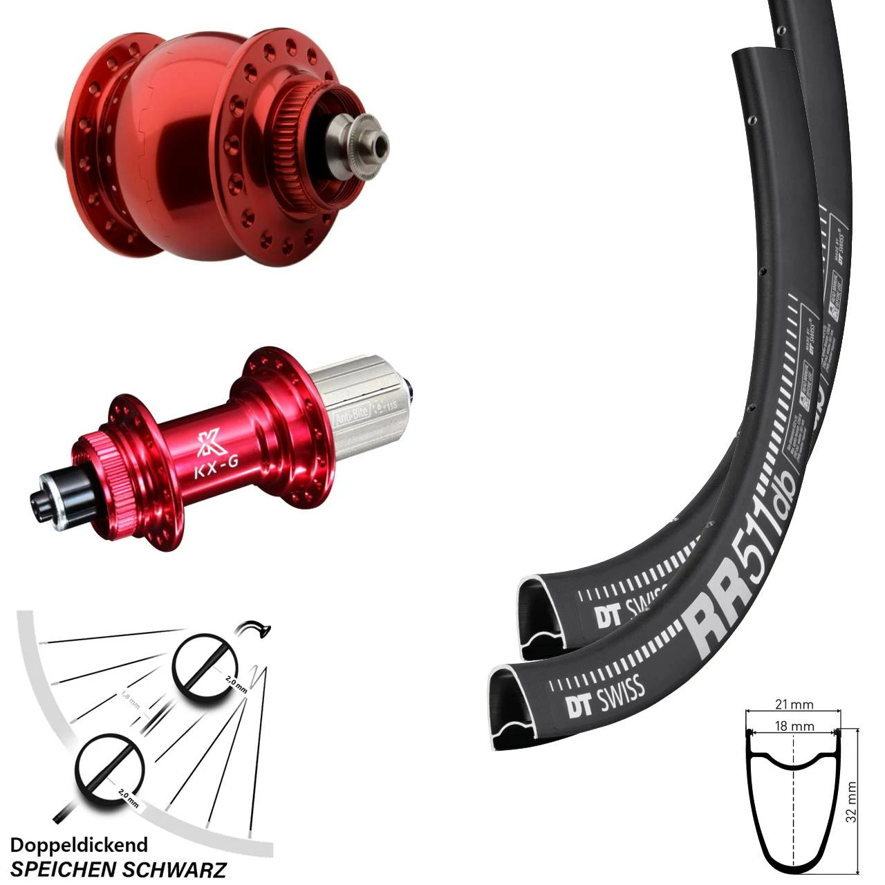 Dt-swiss Laufradsatz Dynamo SON Delux DT Swiss RR 511 Road Disc KX-G Rot Eloxiert 100/135 Mm