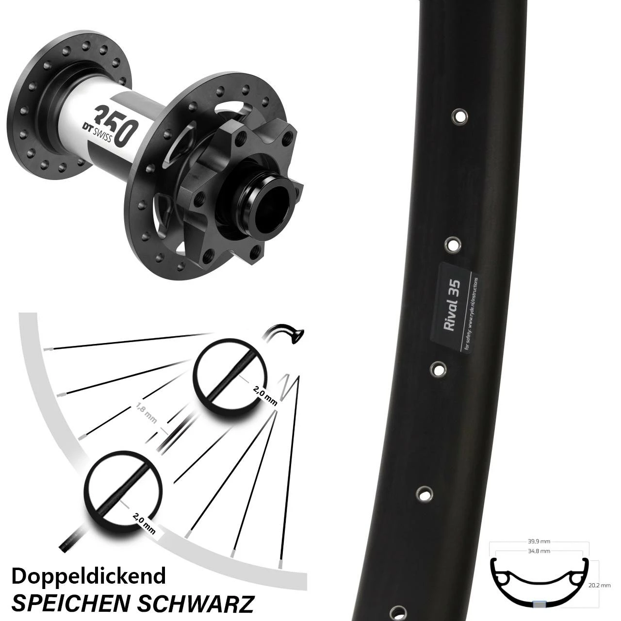 DT Swiss 350 Boost 15x110 Mm Ryde Rival 35-584 ETRTO 6-loch Disc Vorderrad 27,5 Zoll