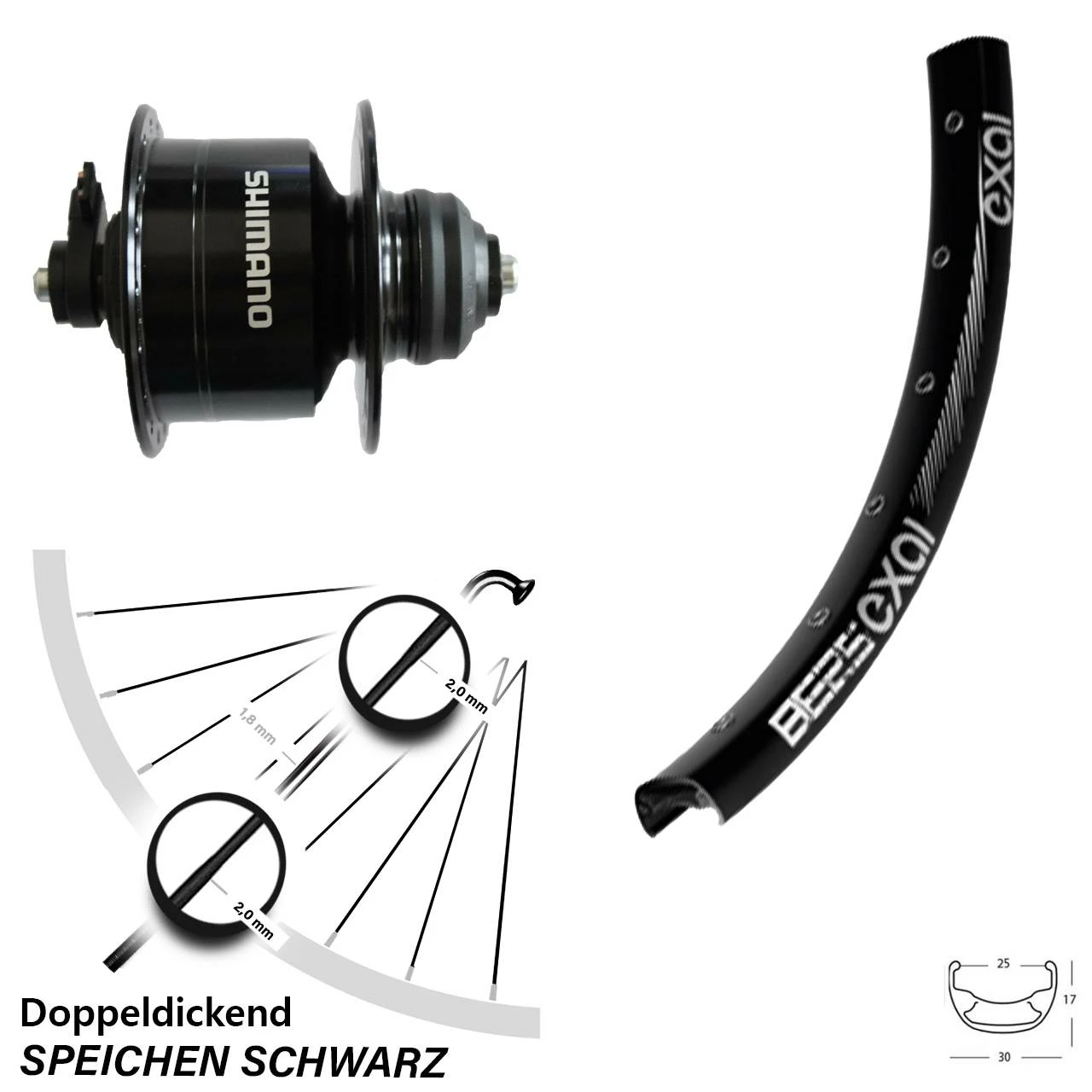 26 Zoll Nabendynamolaufrad Exal BE 25 Shimano DH-3D72 Centerlock Schwarz
