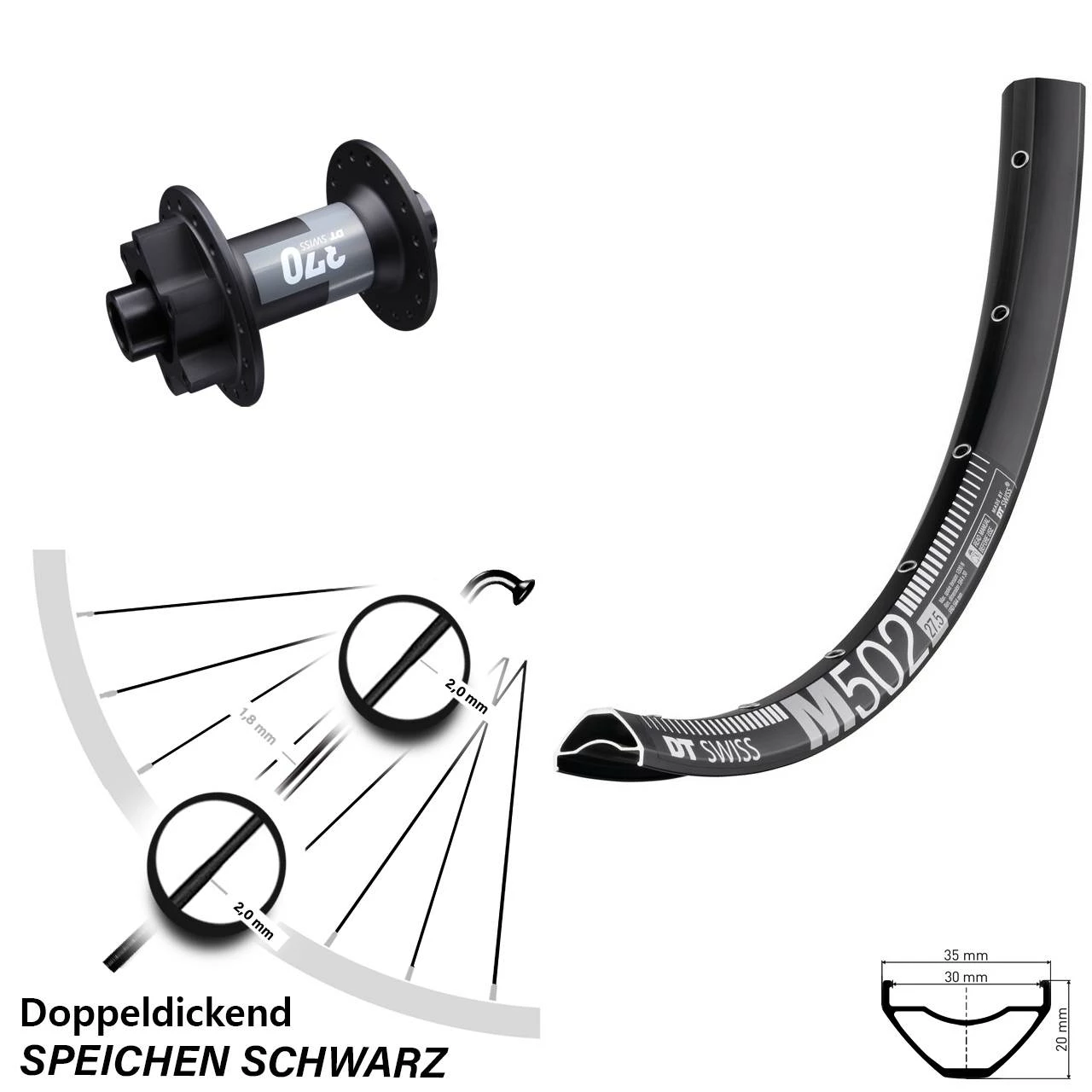 Dt-swiss 27,5 Zoll Vorderrad DT Swiss 370 Steckachse 15x100 Mm M 502 6-Loch