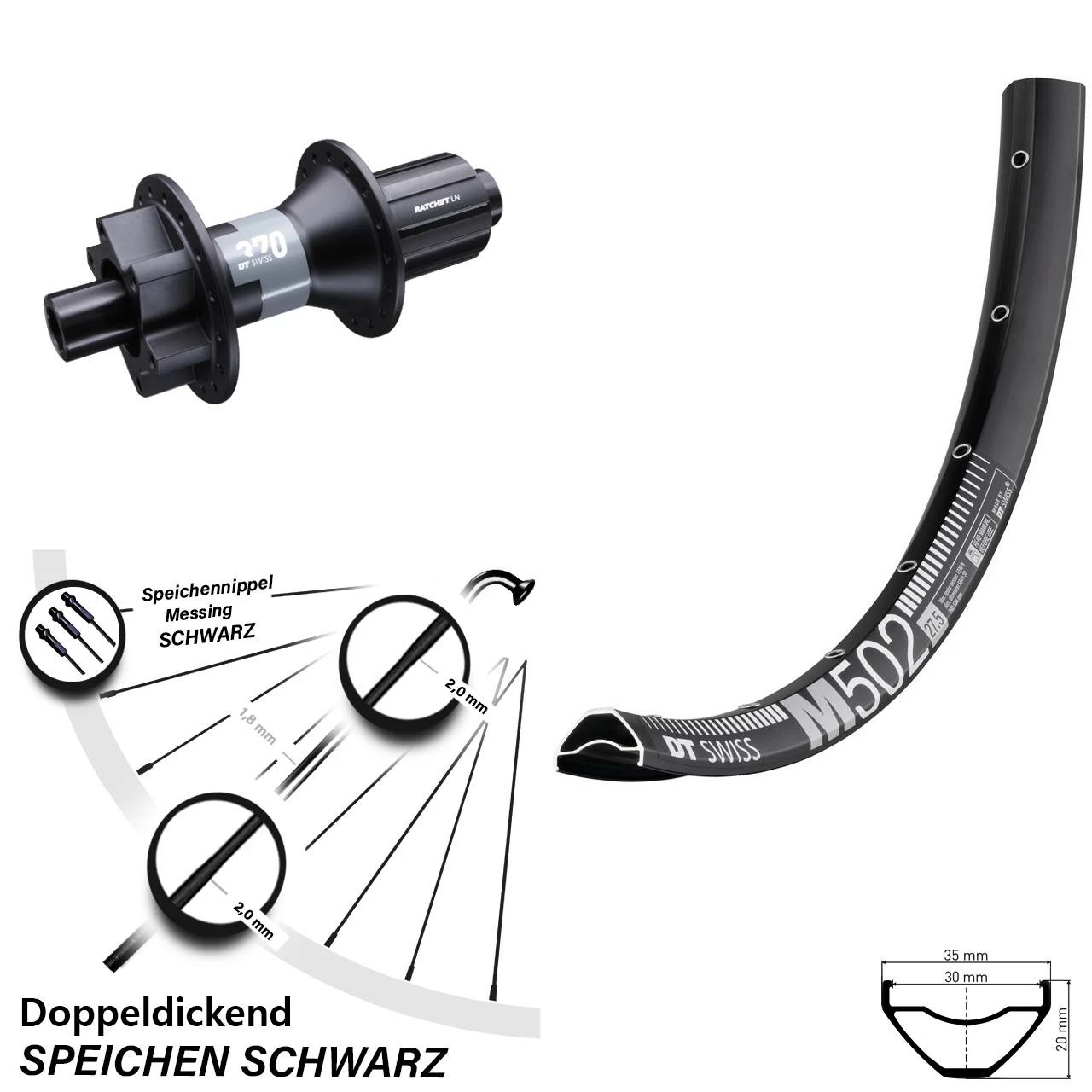 Dt-swiss Hinterrad M 502 DT Swiss 370 27,5 Zoll Steckachse 12x142 Mm Shimano 11-fach