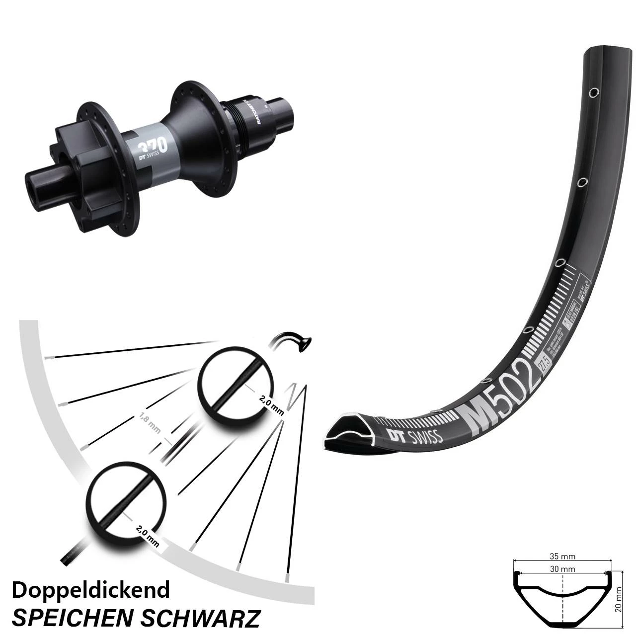 Dt-swiss Hinterrad M 502 DT Swiss 370 Sram XD 27,5 Zoll Steckachse 12x142 Mm Schwarz