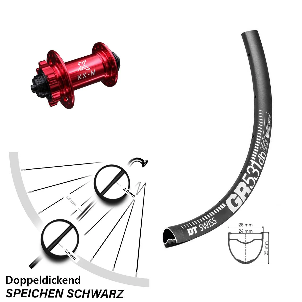 Dt-swiss Vorderrad Gravel Nabe Rot Eloxiert KX-M 6-loch DT Swiss GR 531 Schnellspanner