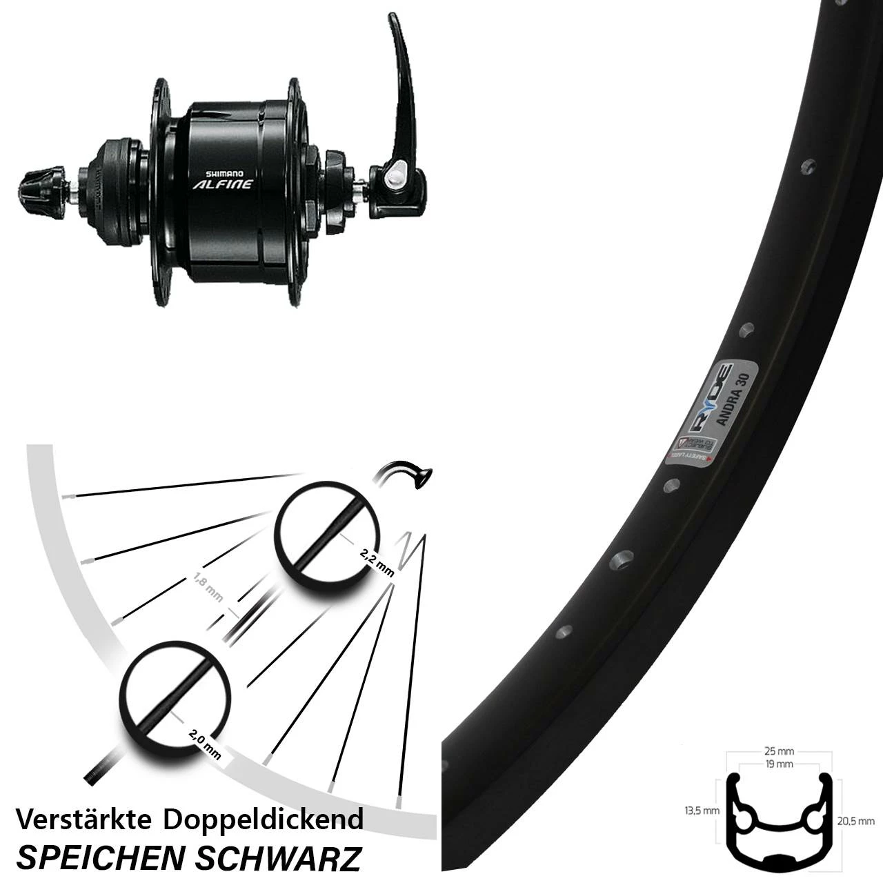 Nabendynamo Vorderrad Shimano DH-S501 Ryde Andra 30 DB 28 Zoll Für Scheibenbremse