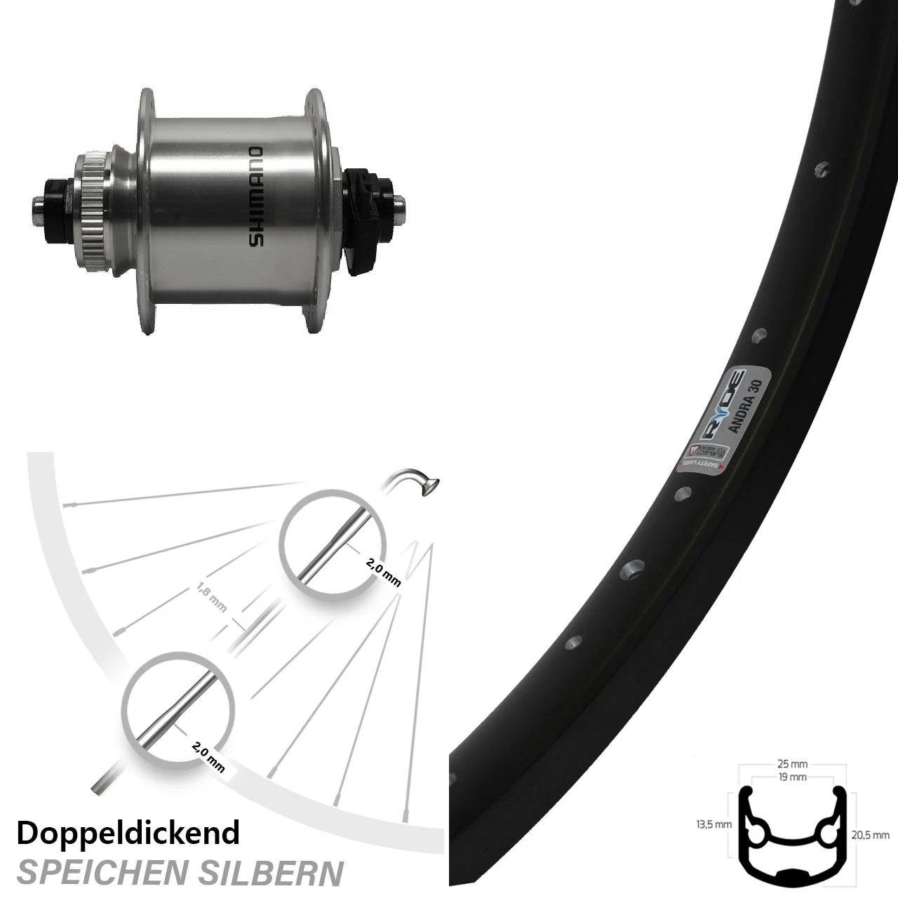 Ryde Andra 30 26 Zoll Nabendynamo Vorderrad Shimano DH-UR700 Centerlock