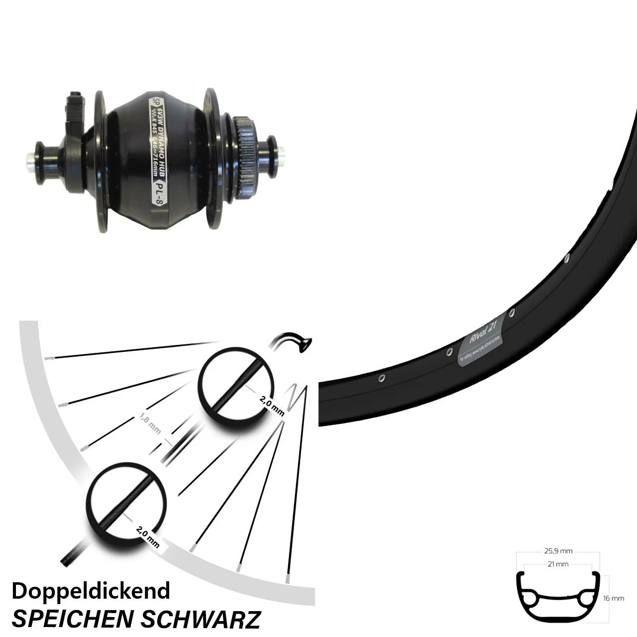 Shutter PL8 Nabendynamo Ryde Rival 21 Scheibenbrems- Fahrrad-Laufrad 29 Zoll Schwarz