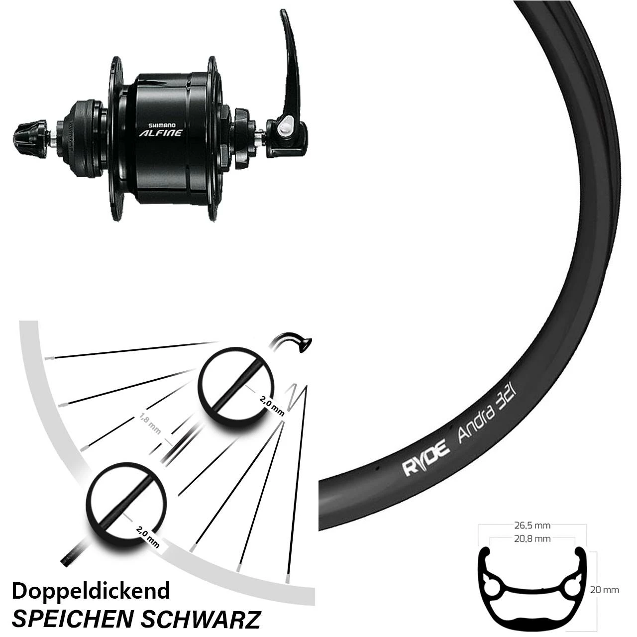 Vorderrad 27,5 Zoll Ryde Andra 321 Schwarz Shimano Alfine Nabendynamo Scheibenbremse
